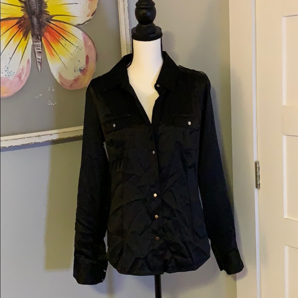 Black button down silk top